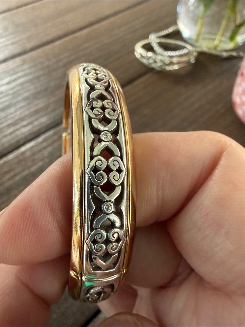 Brighton Two-Tone Silver and Rose Gold Filigree Bangle Bracelet